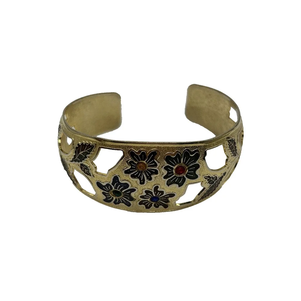 Vintage Gold Tone Floral Enamel Cut Outs‎ Cuff Bracelet Unsigned Fashion